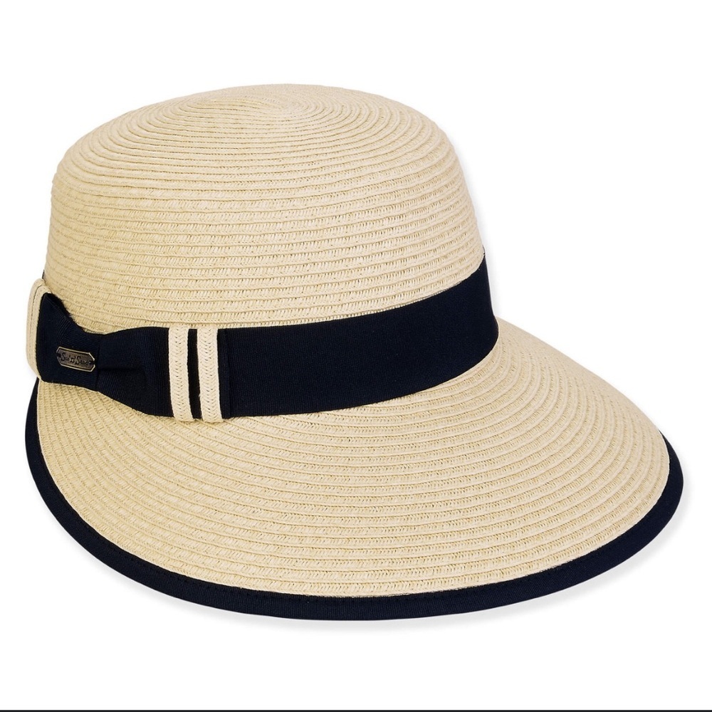 UPF50+ Tan and Black Wide-Brimmed Sun Hat with Ribbon - Picture 2 of 5